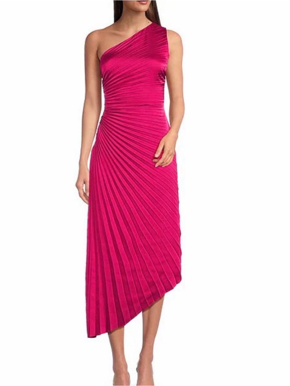 Badgley Mischka One-Shoulder Pleated Pink Midi Dress Size 4